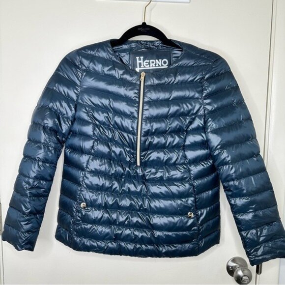 Herno Down Quilted Jacket in Navy Blue - Picture 2 of 14